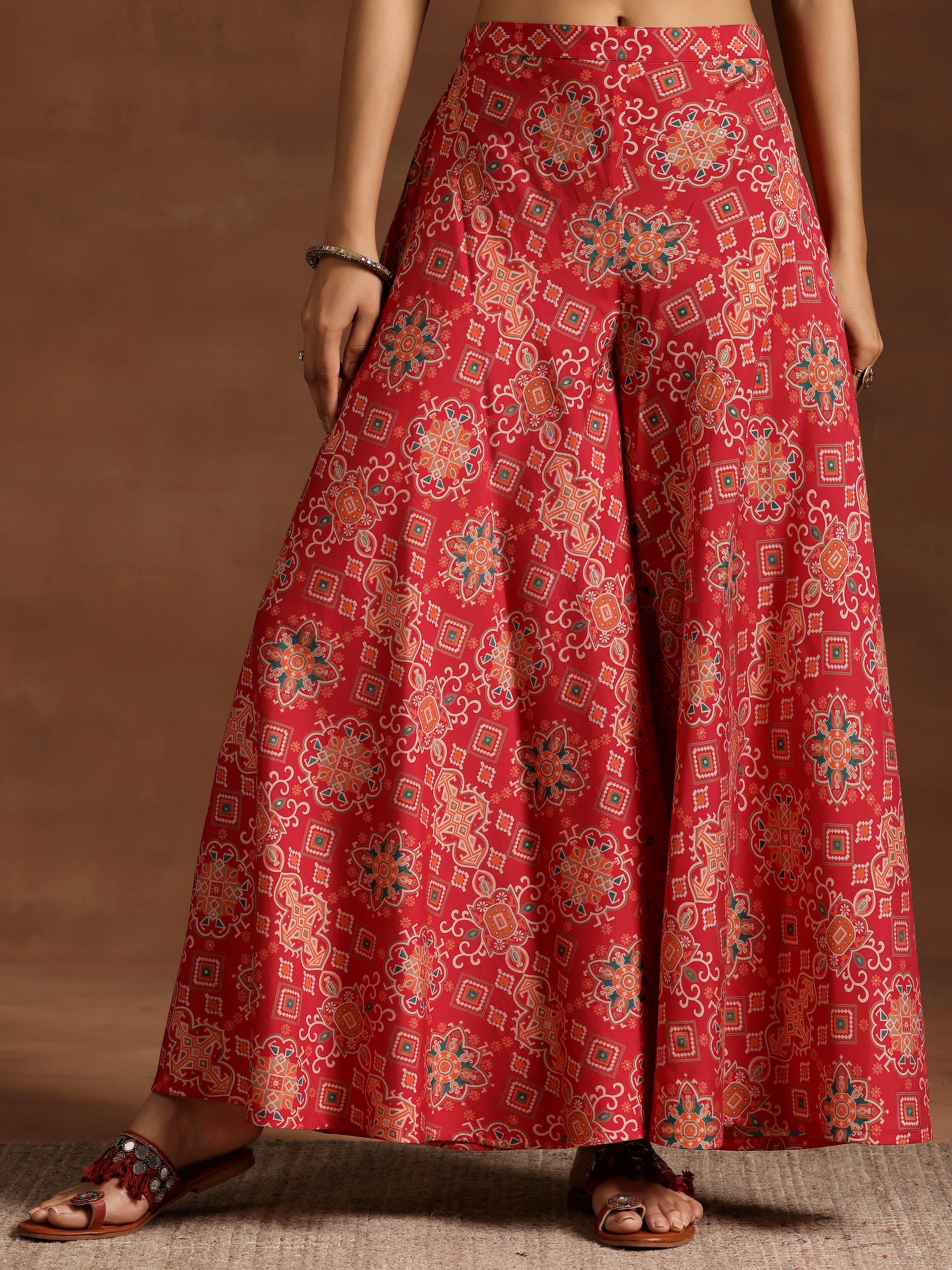 Pink Printed Silk Blend Straight Kurta With Palazzos