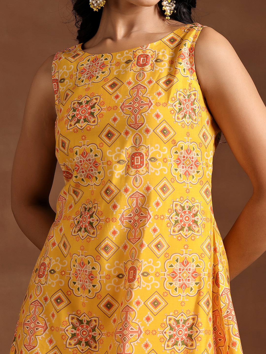 Yellow Printed Silk Blend A-Line Kurta With Palazzos