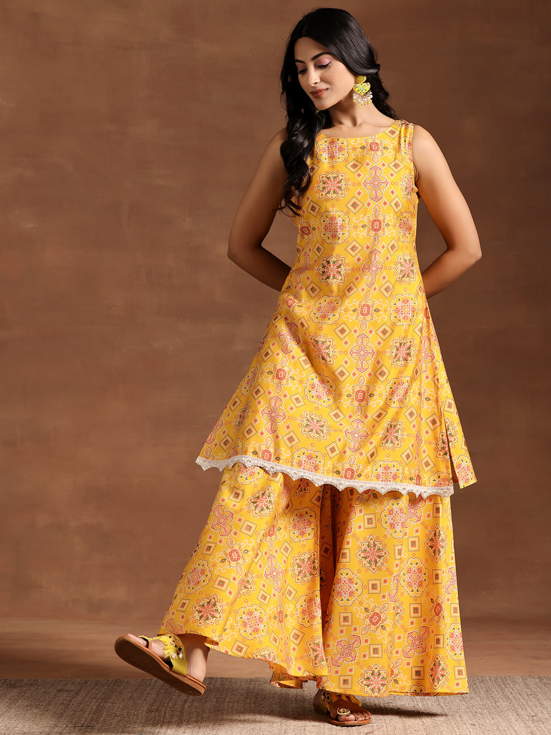 Yellow Printed Silk Blend A-Line Kurta With Palazzos