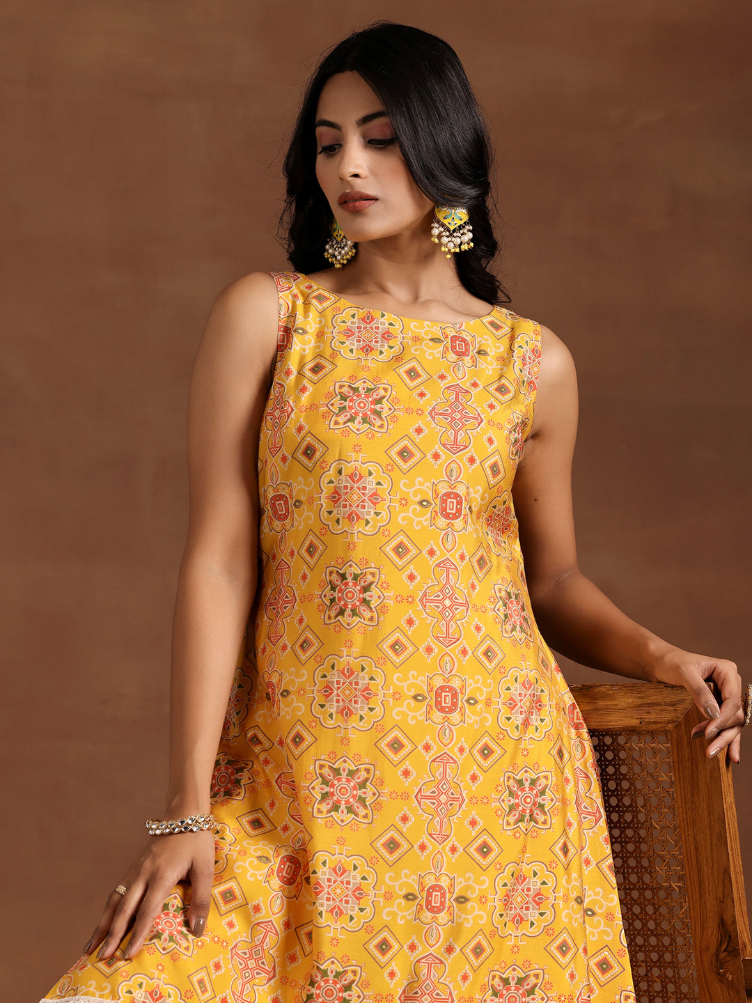 Yellow Printed Silk Blend A-Line Kurta With Palazzos