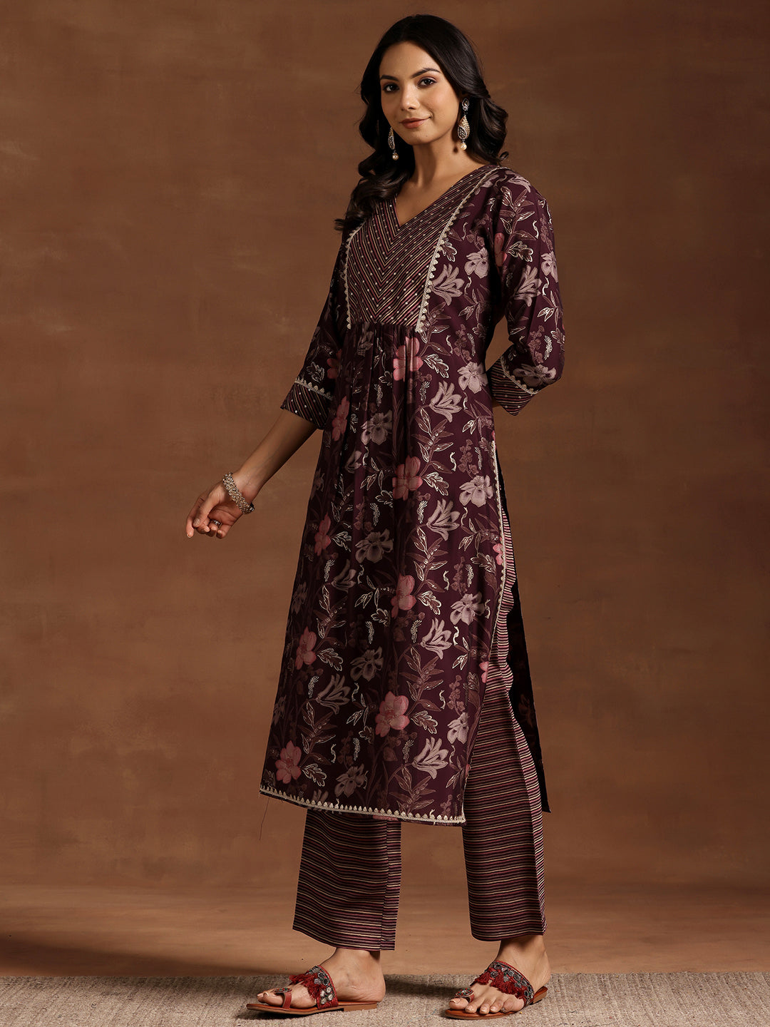 Wine Printed Silk Blend Straight Kurta Set