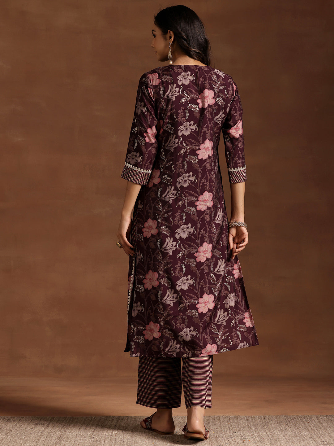 Wine Printed Silk Blend Straight Kurta Set