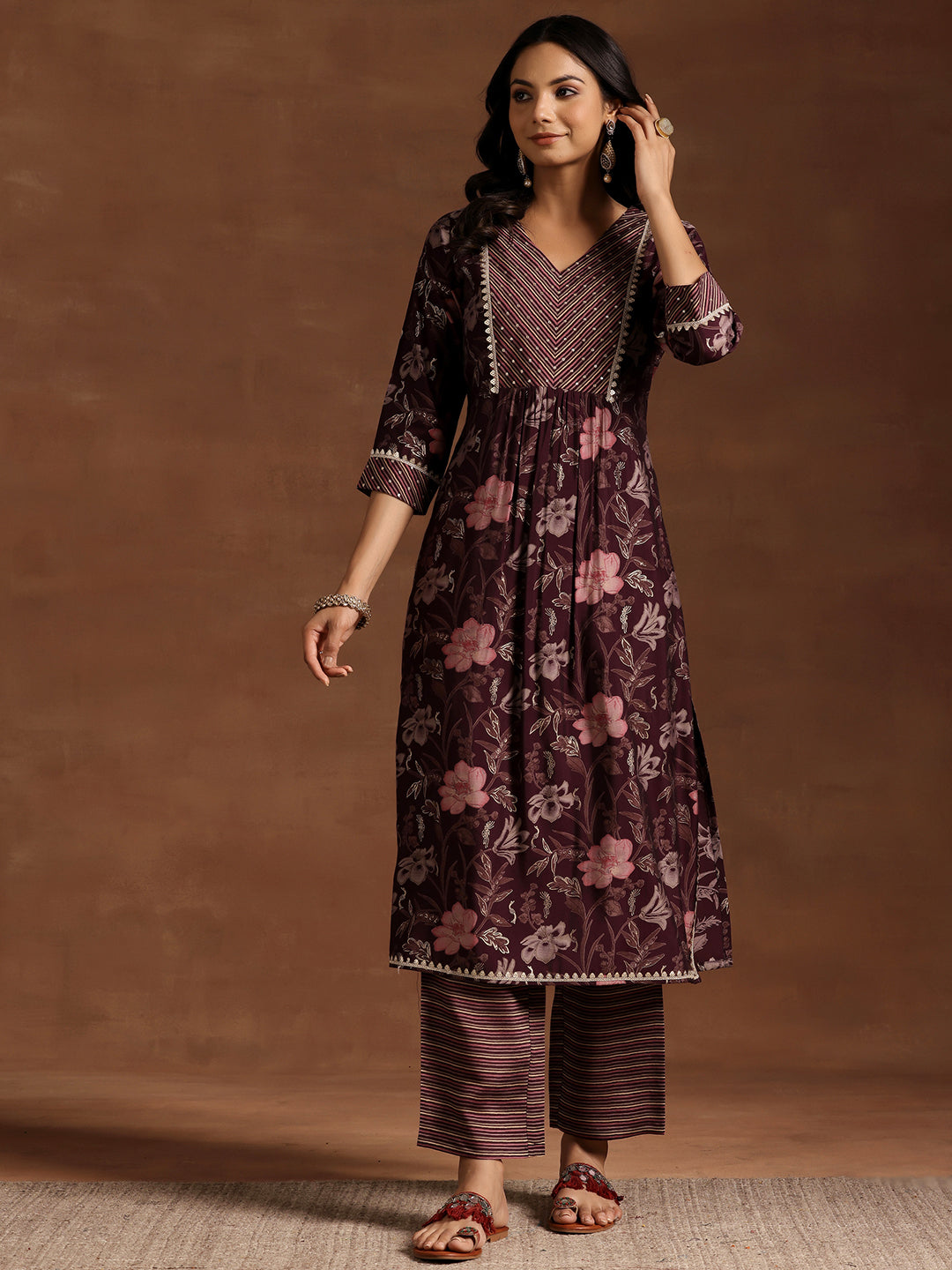 Wine Printed Silk Blend Straight Kurta Set