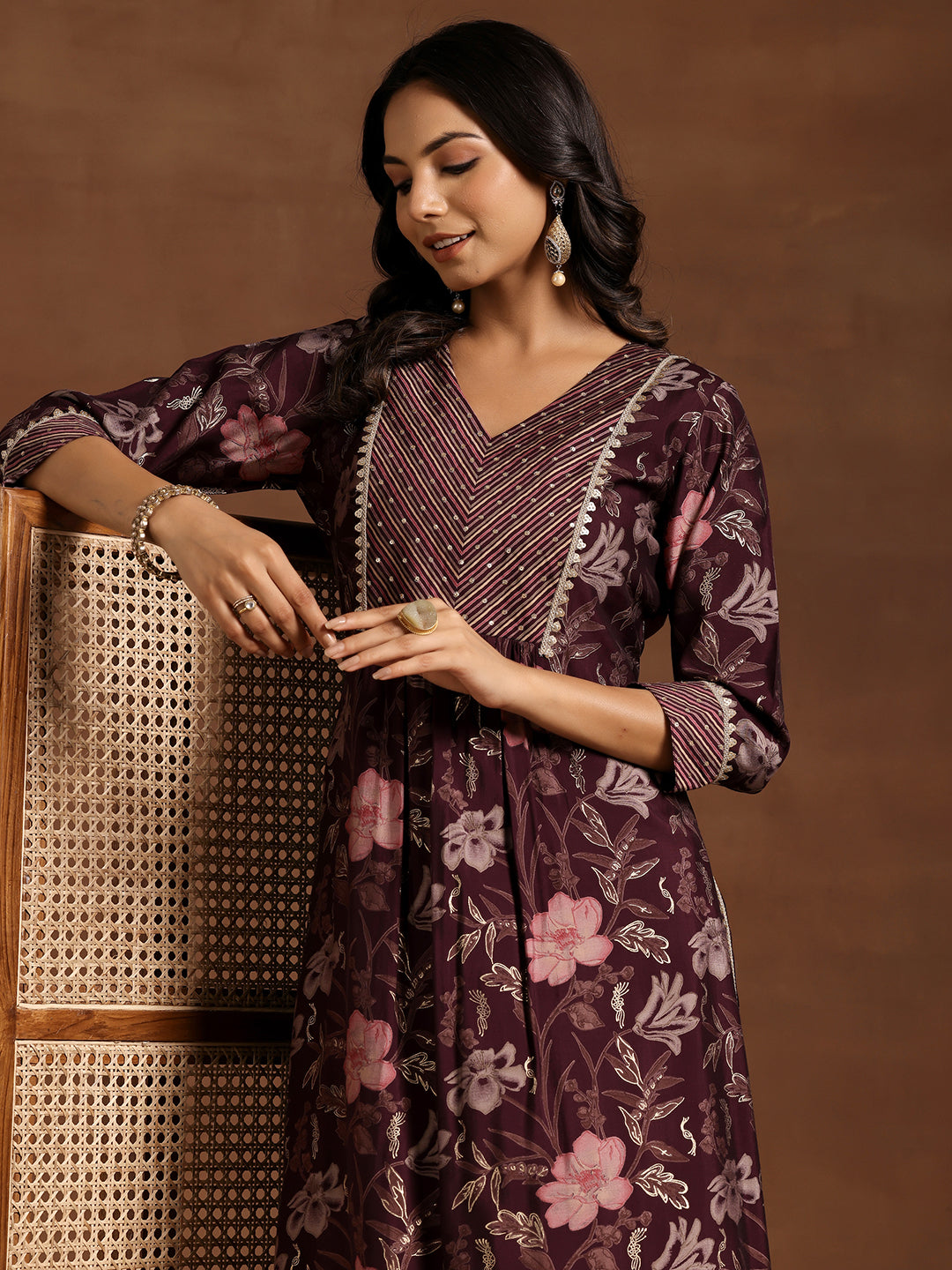 Wine Printed Silk Blend Straight Kurta Set