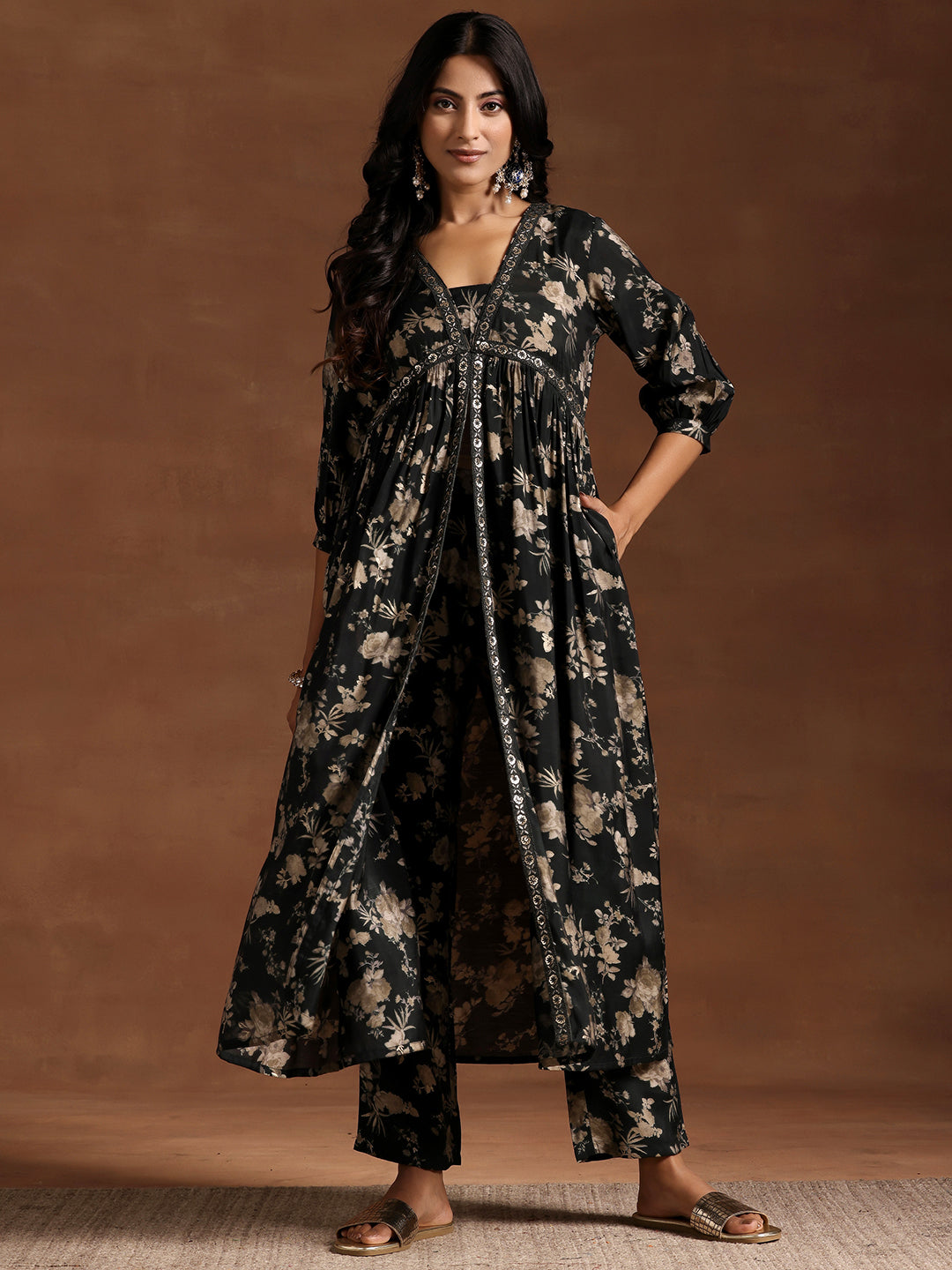 Green Printed Silk Blend A-line Kurta With Trousers