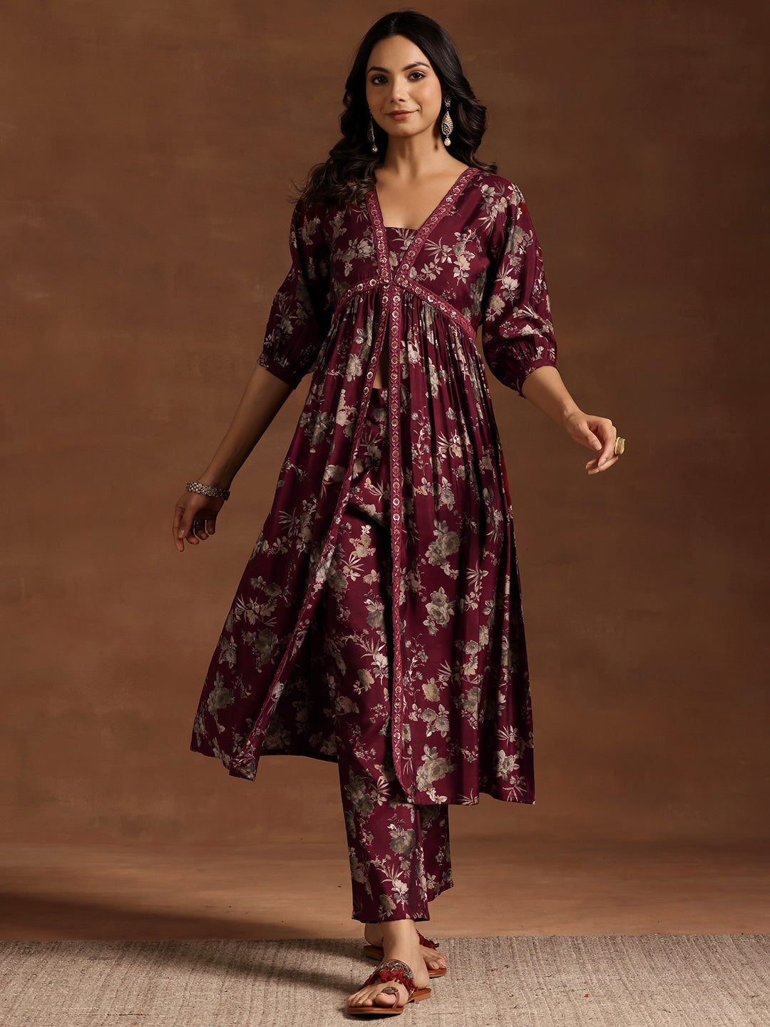 Maroon Printed Silk Blend A-line Kurta With Trousers