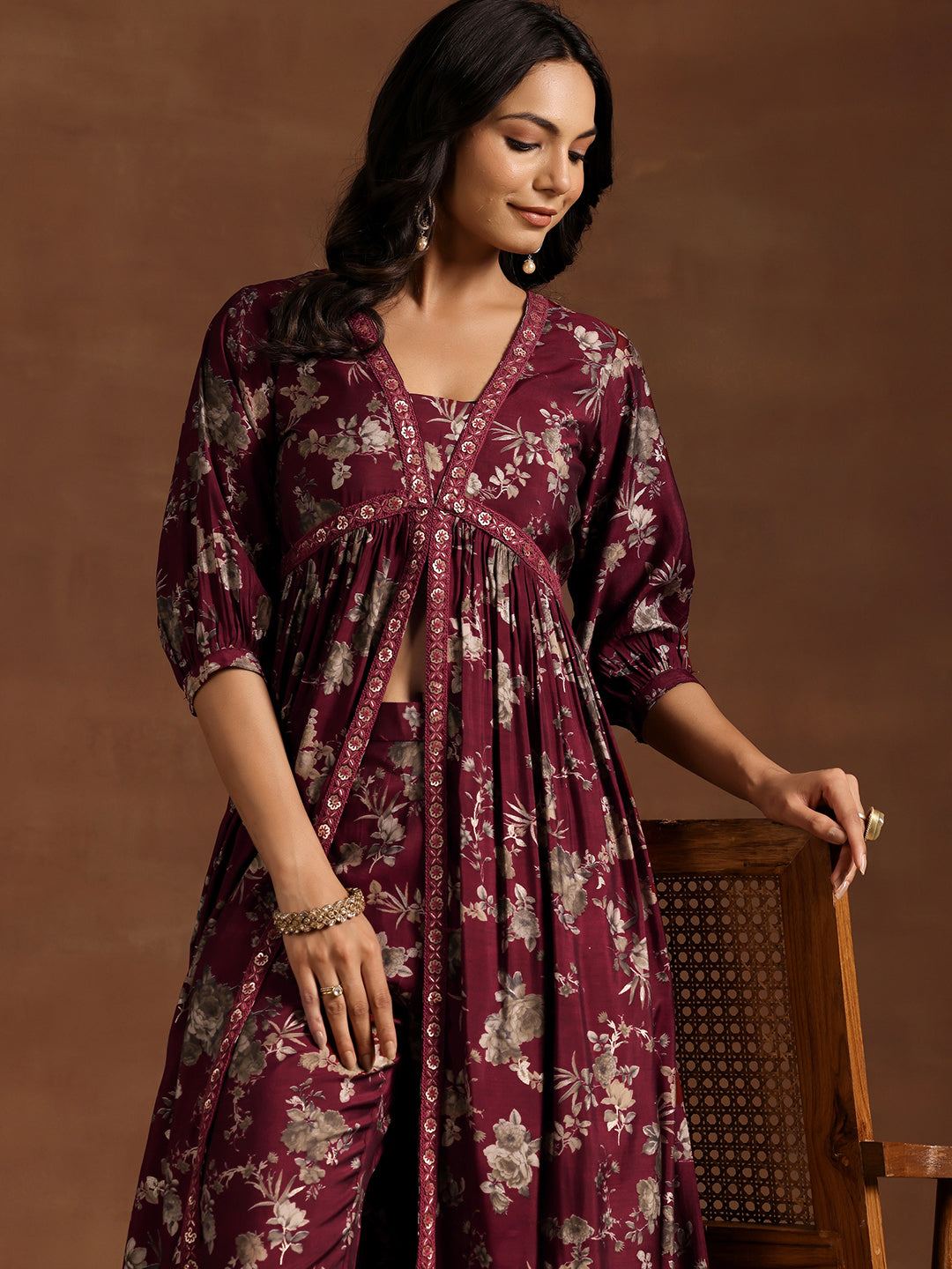 Maroon Printed Silk Blend A-line Kurta With Trousers