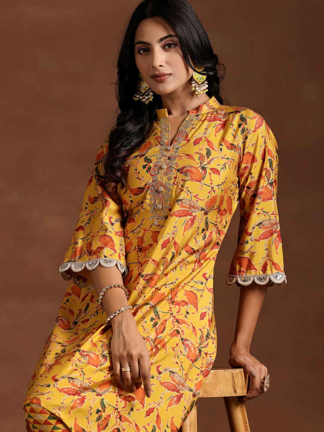 Mustard Printed Silk Blend A-line Kurta With Trousers