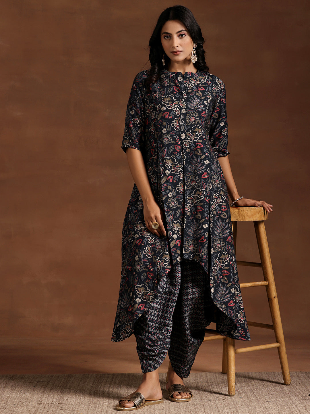 Blue Printed Silk Blend A-line Kurta With Salwar