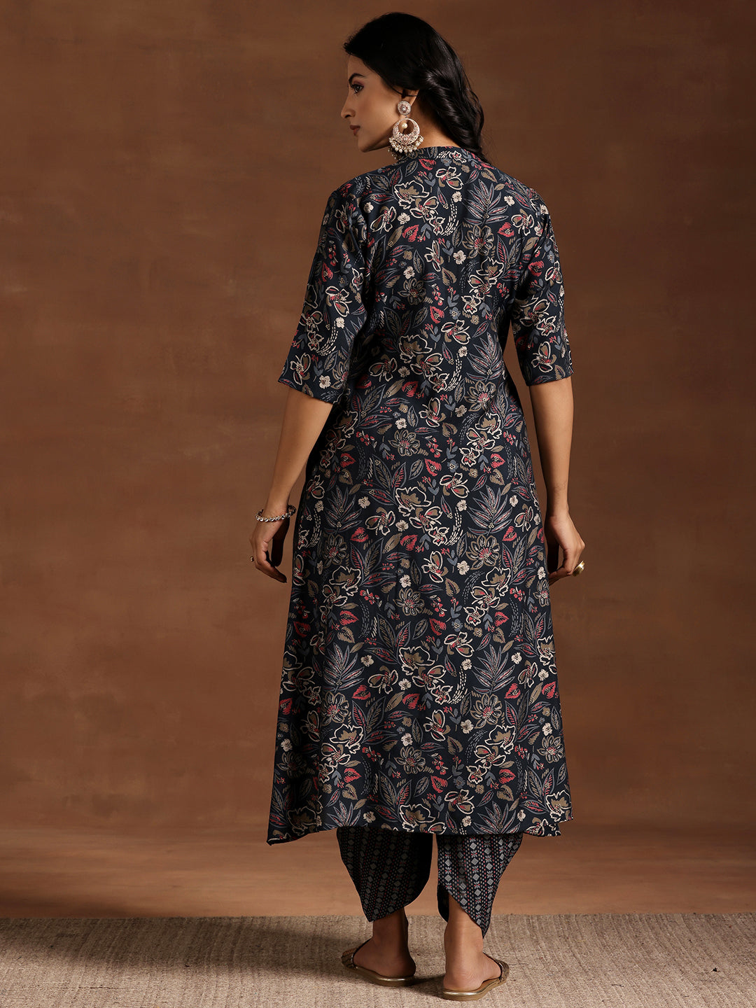 Blue Printed Silk Blend A-line Kurta With Salwar