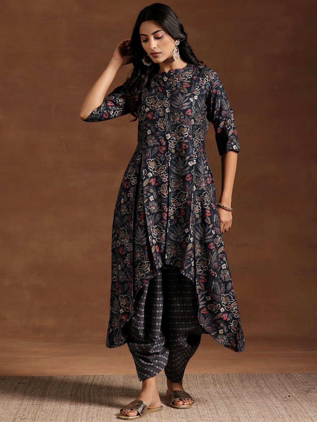 Blue Printed Silk Blend A-line Kurta With Salwar