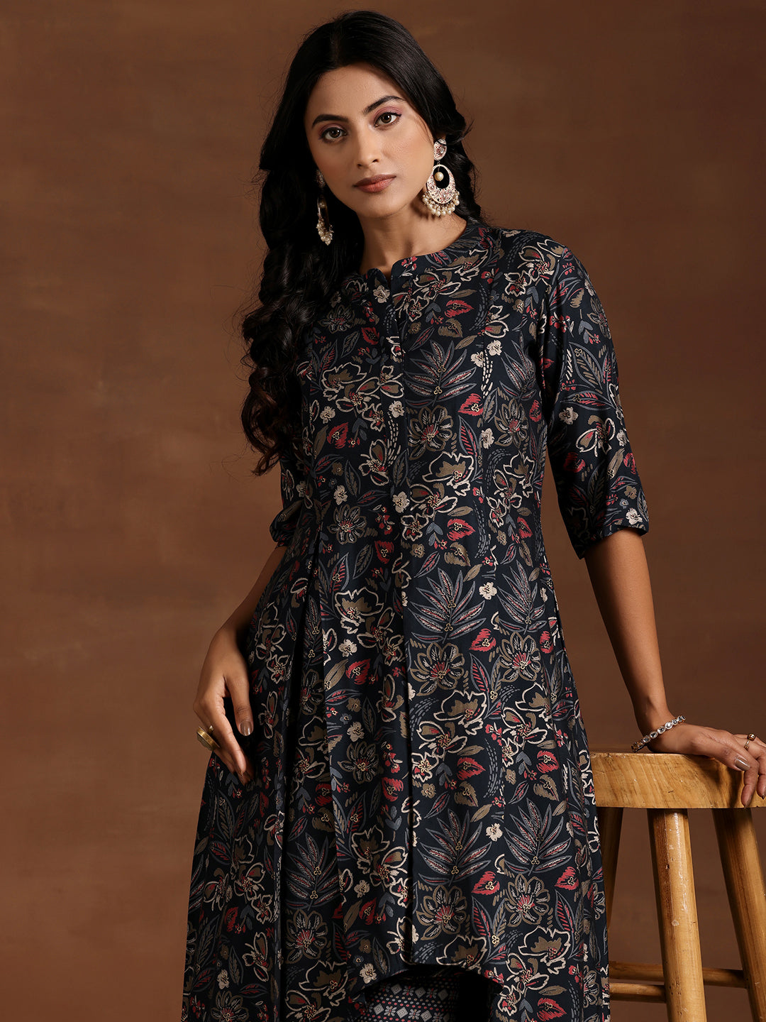 Blue Printed Silk Blend A-line Kurta With Salwar