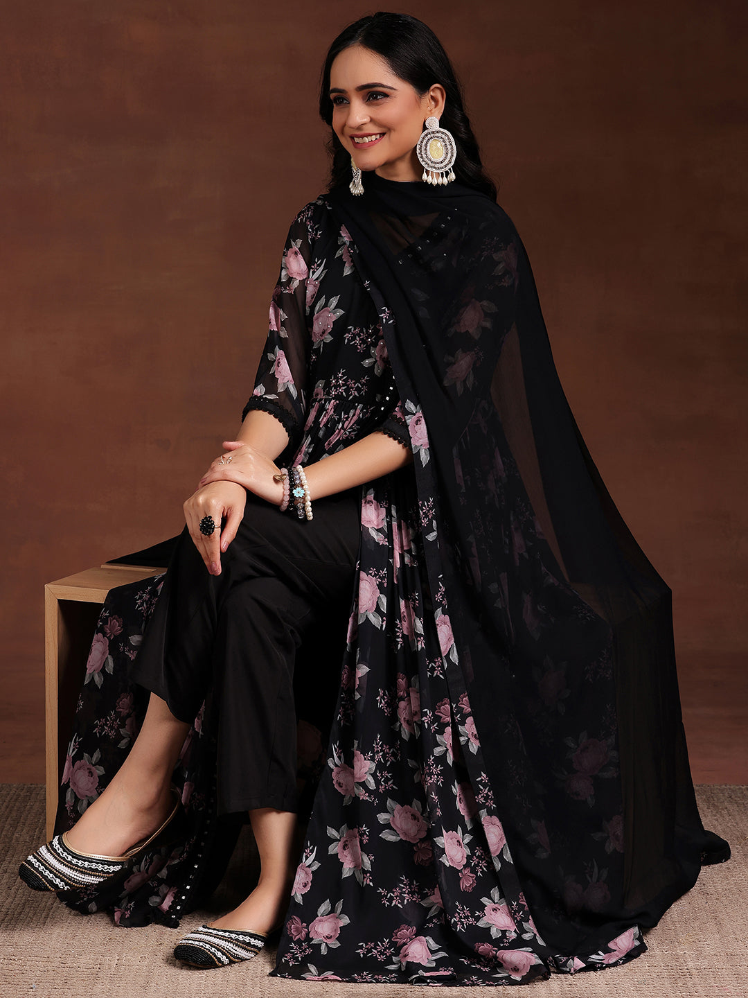 Black Printed Poly Chiffon A-Line Kurta With Trousers & Dupatta