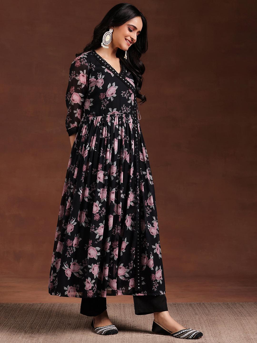 Black Printed Poly Chiffon A-Line Kurta With Trousers & Dupatta