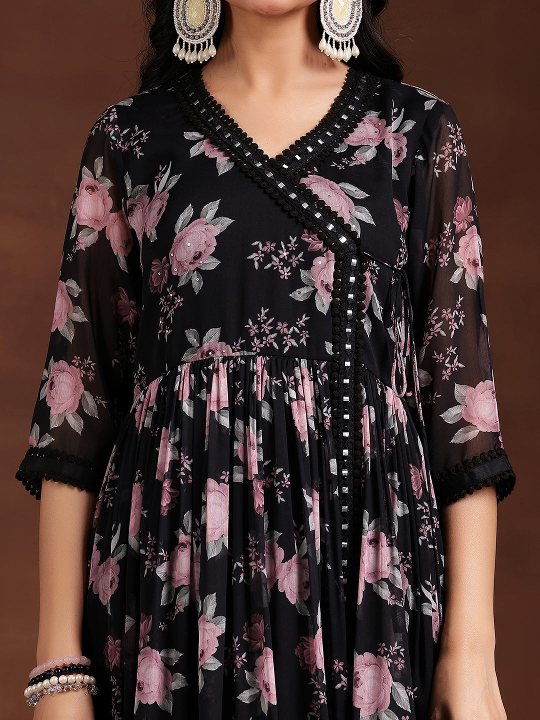 Black Printed Poly Chiffon A-Line Kurta With Trousers & Dupatta