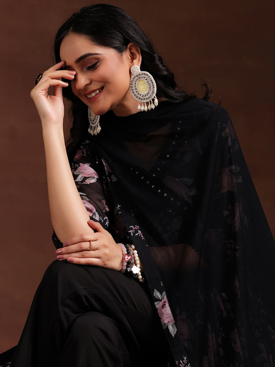 Black Printed Poly Chiffon A-Line Kurta With Trousers & Dupatta