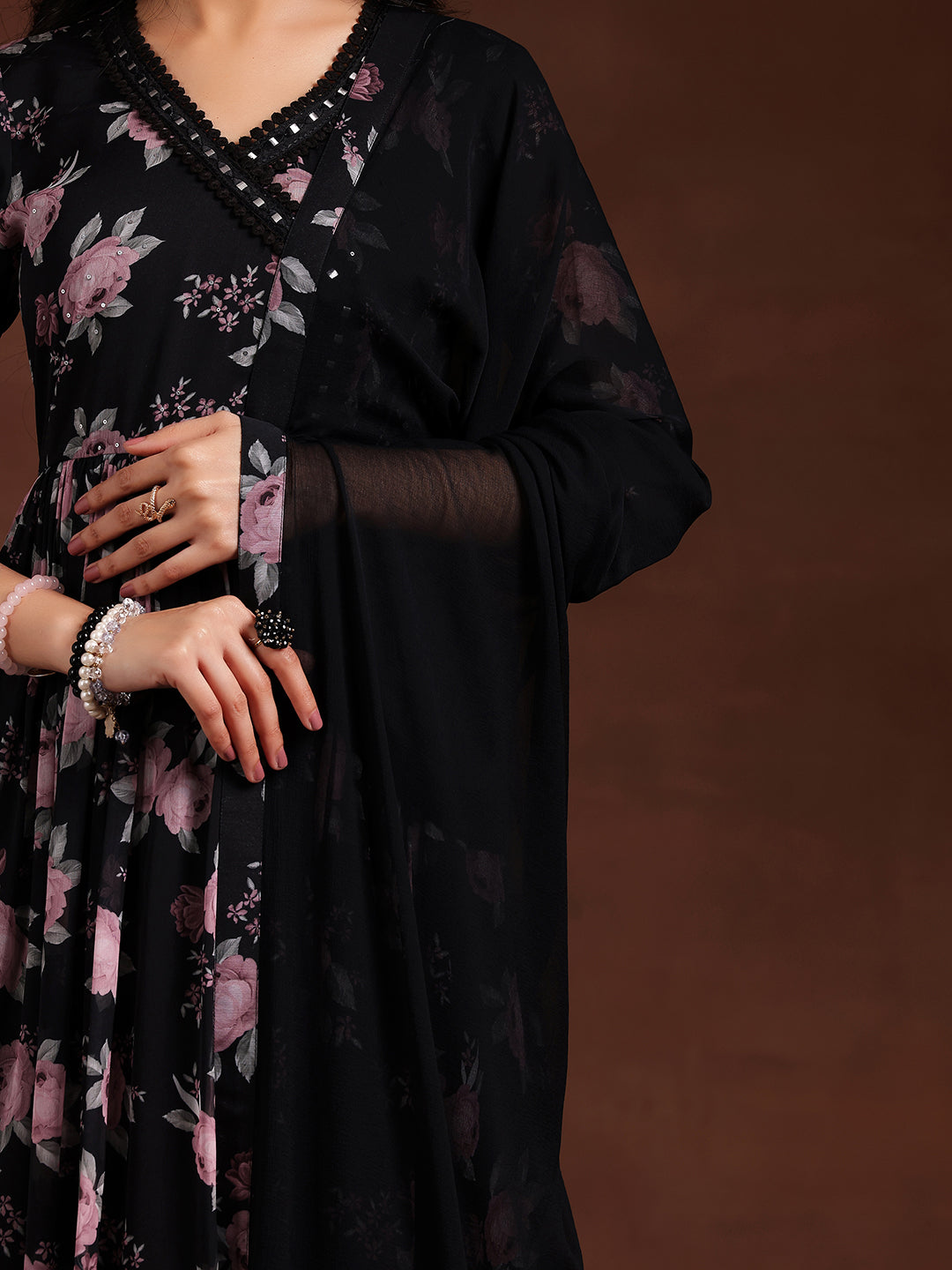 Black Printed Poly Chiffon A-Line Kurta With Trousers & Dupatta