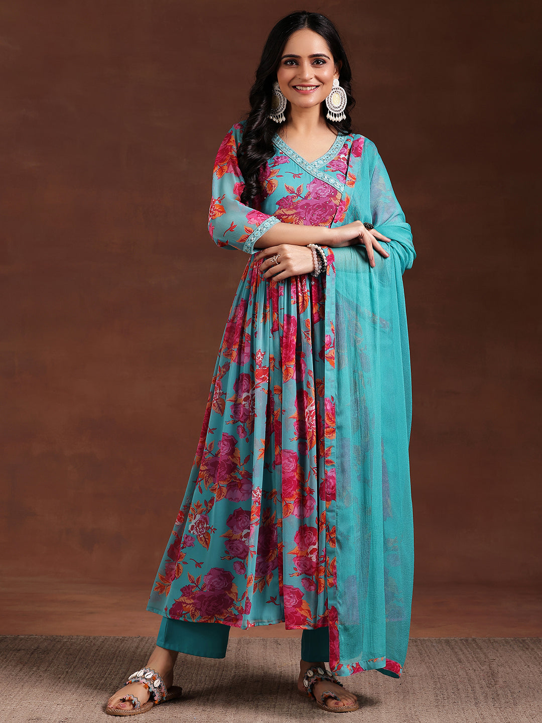 Blue Printed Poly Chiffon Anarkali Suit With Dupatta