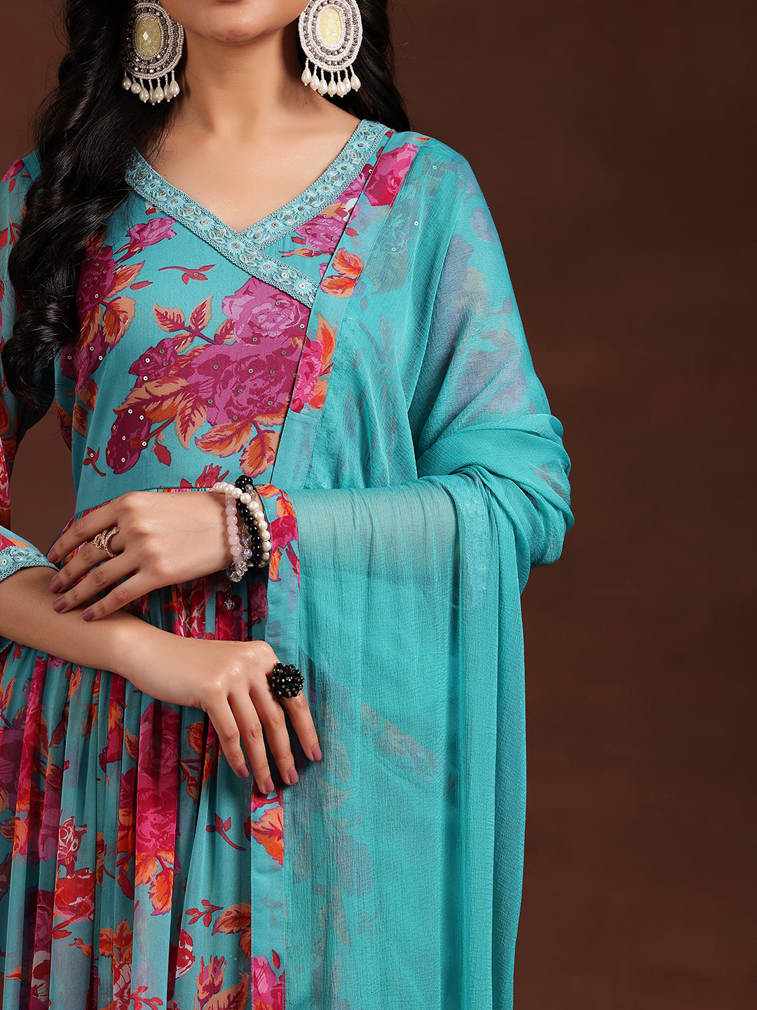 Blue Printed Poly Chiffon Anarkali Suit With Dupatta