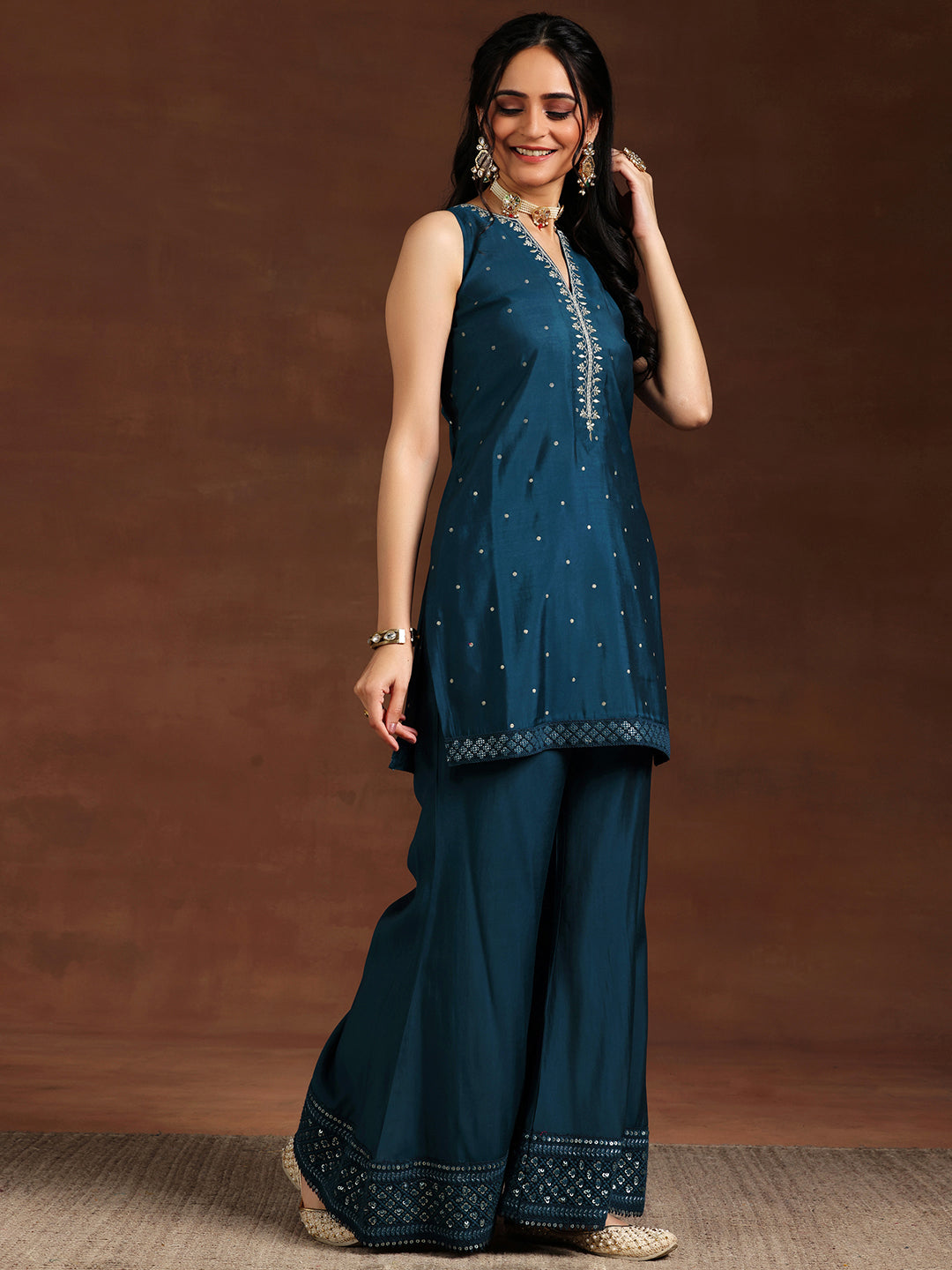 Blue Embroidered Silk Blend Straight Suit With Dupatta