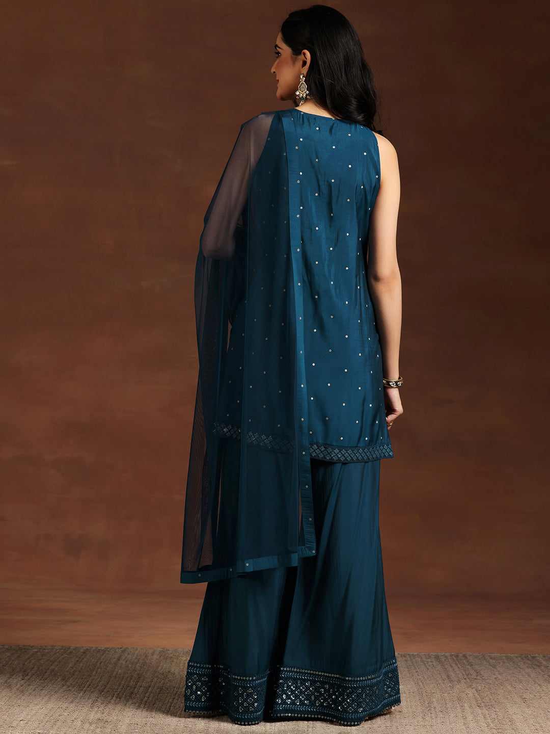 Blue Embroidered Silk Blend Straight Suit With Dupatta