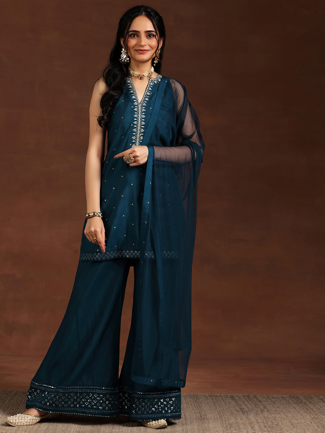 Blue Embroidered Silk Blend Straight Suit With Dupatta