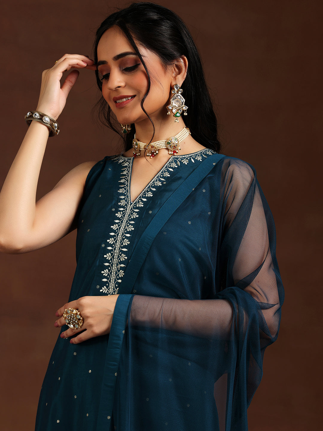 Blue Embroidered Silk Blend Straight Suit With Dupatta