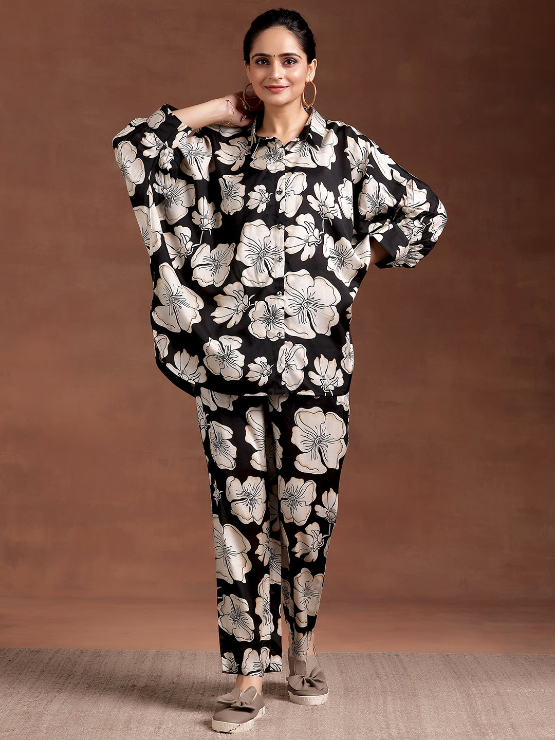 Black Printed Silk Blend Co-Ords