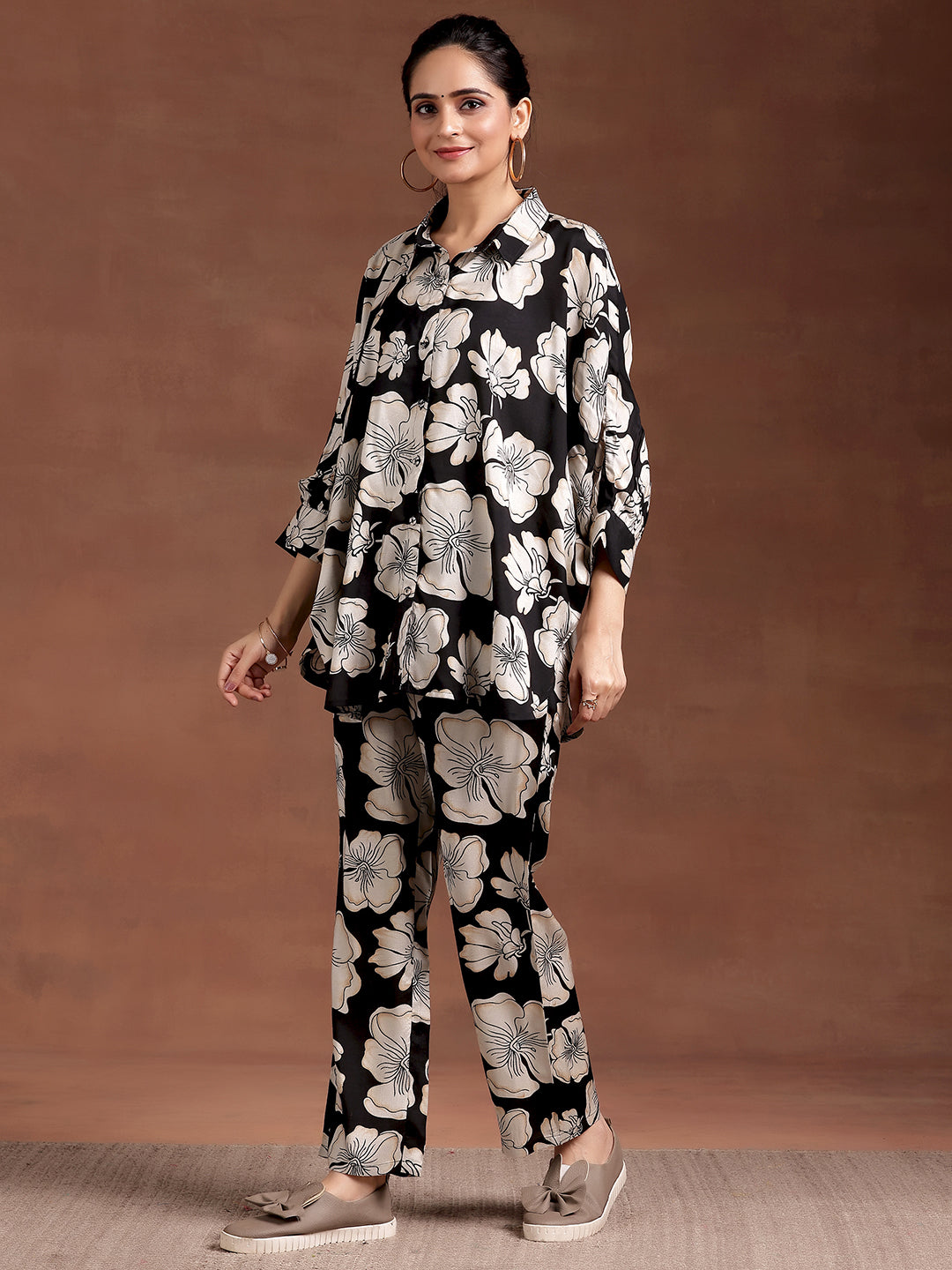 Black Printed Silk Blend Co-Ords