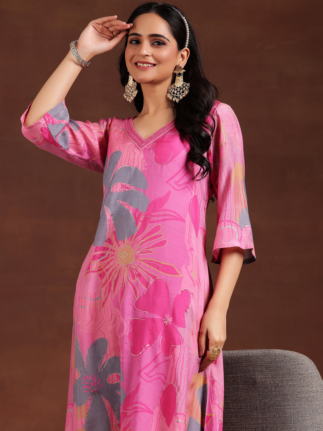 Pink Printed Silk Blend Co-Ords