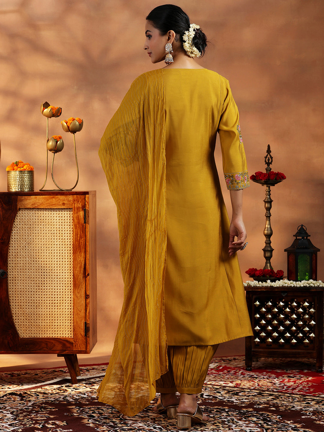 Mustard Embroidered Silk Blend A-Line Kurta With Salwar & Dupatta