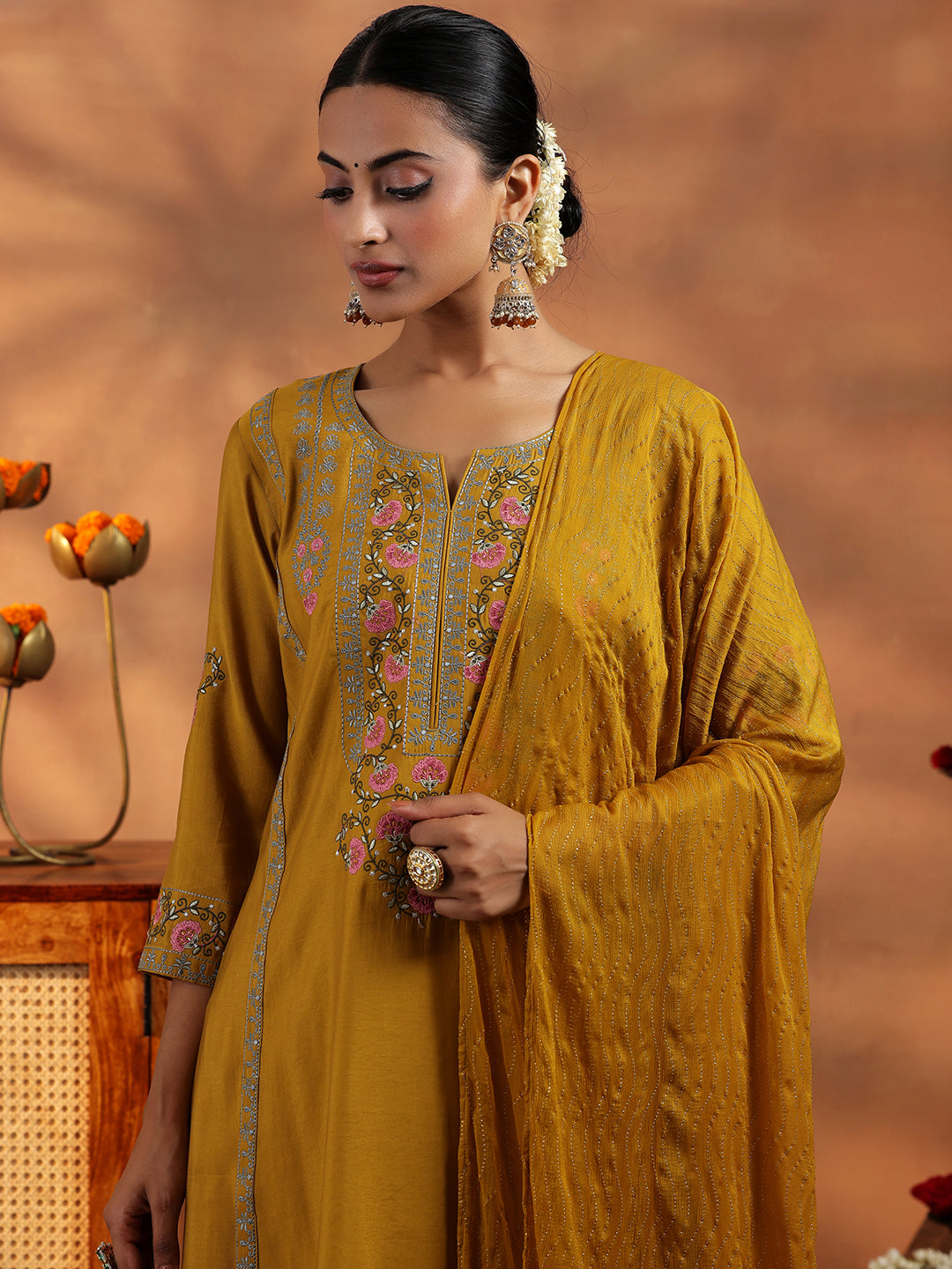 Mustard Embroidered Silk Blend A-Line Kurta With Salwar & Dupatta