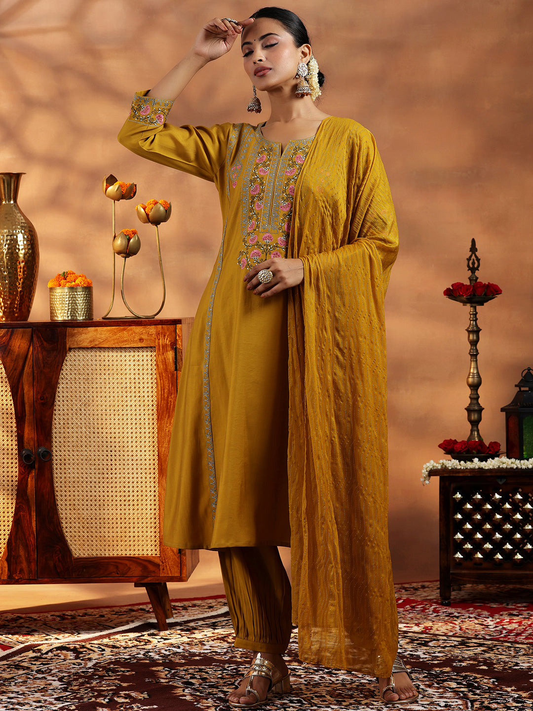 Mustard Embroidered Silk Blend A-Line Kurta With Salwar & Dupatta