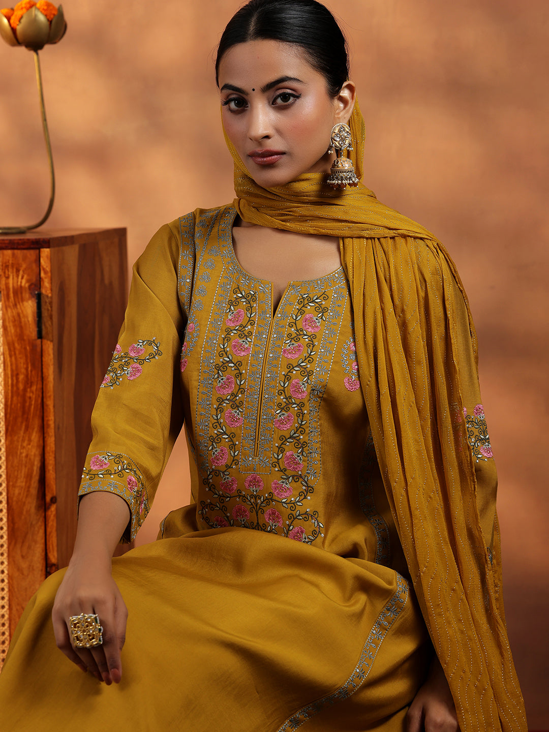 Mustard Embroidered Silk Blend A-Line Kurta With Salwar & Dupatta