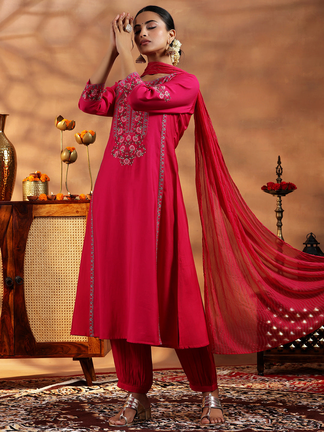 Pink Embroidered Silk Blend A-Line Kurta With Salwar & Dupatta