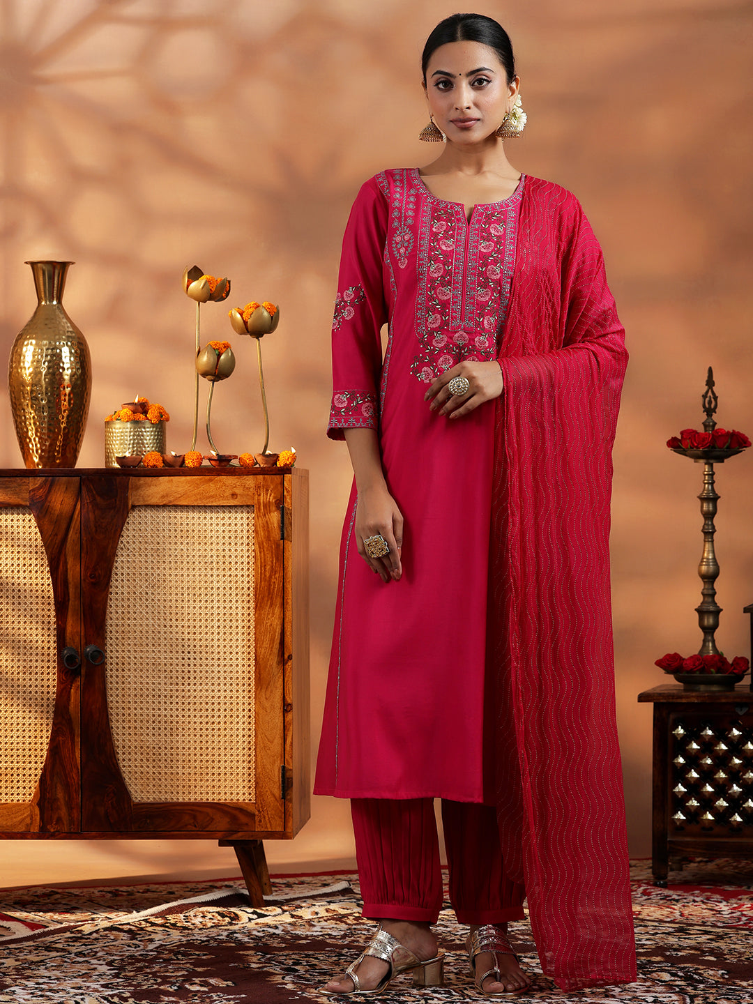 Pink Embroidered Silk Blend A-Line Kurta With Salwar & Dupatta