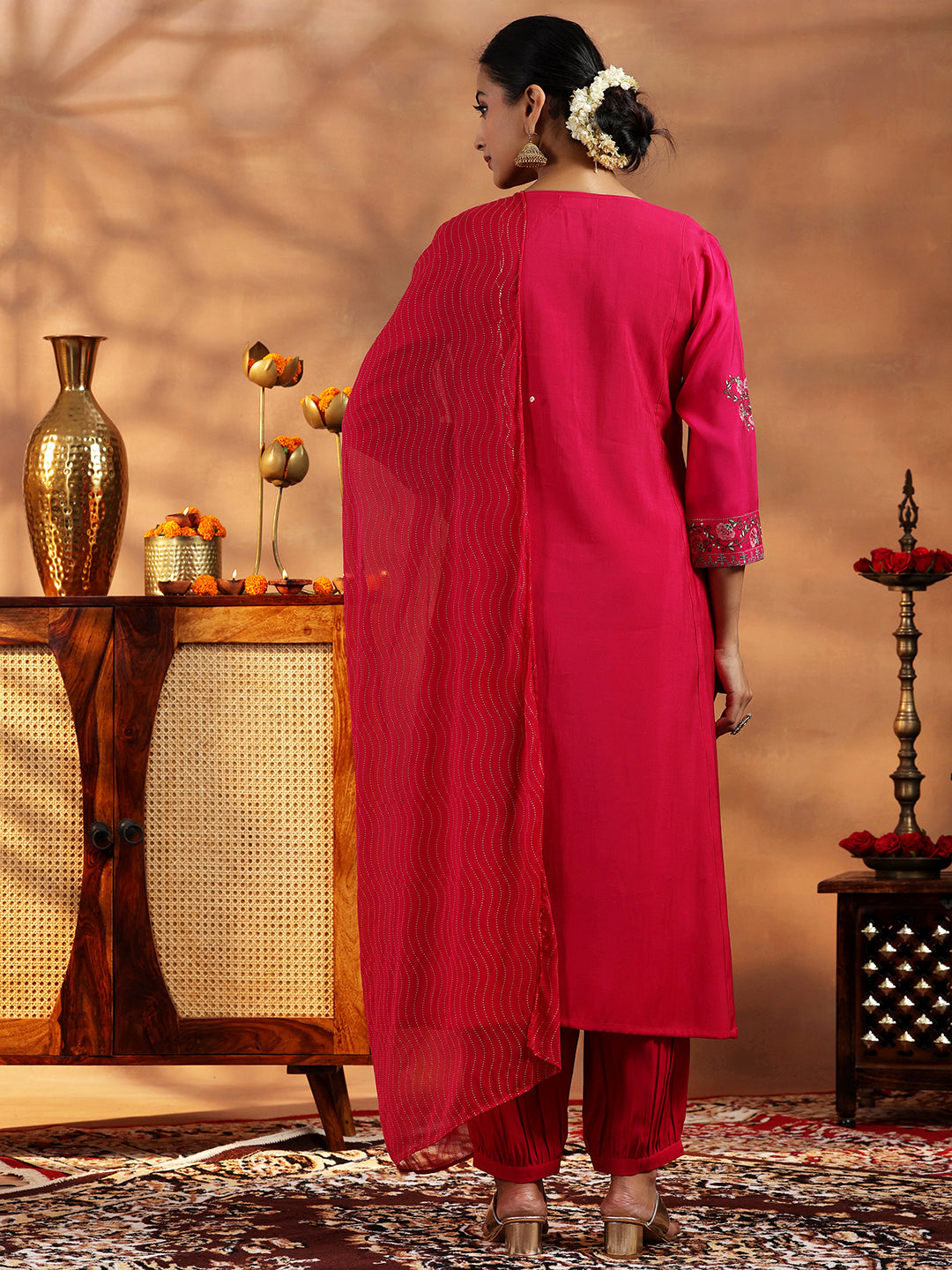 Pink Embroidered Silk Blend A-Line Kurta With Salwar & Dupatta