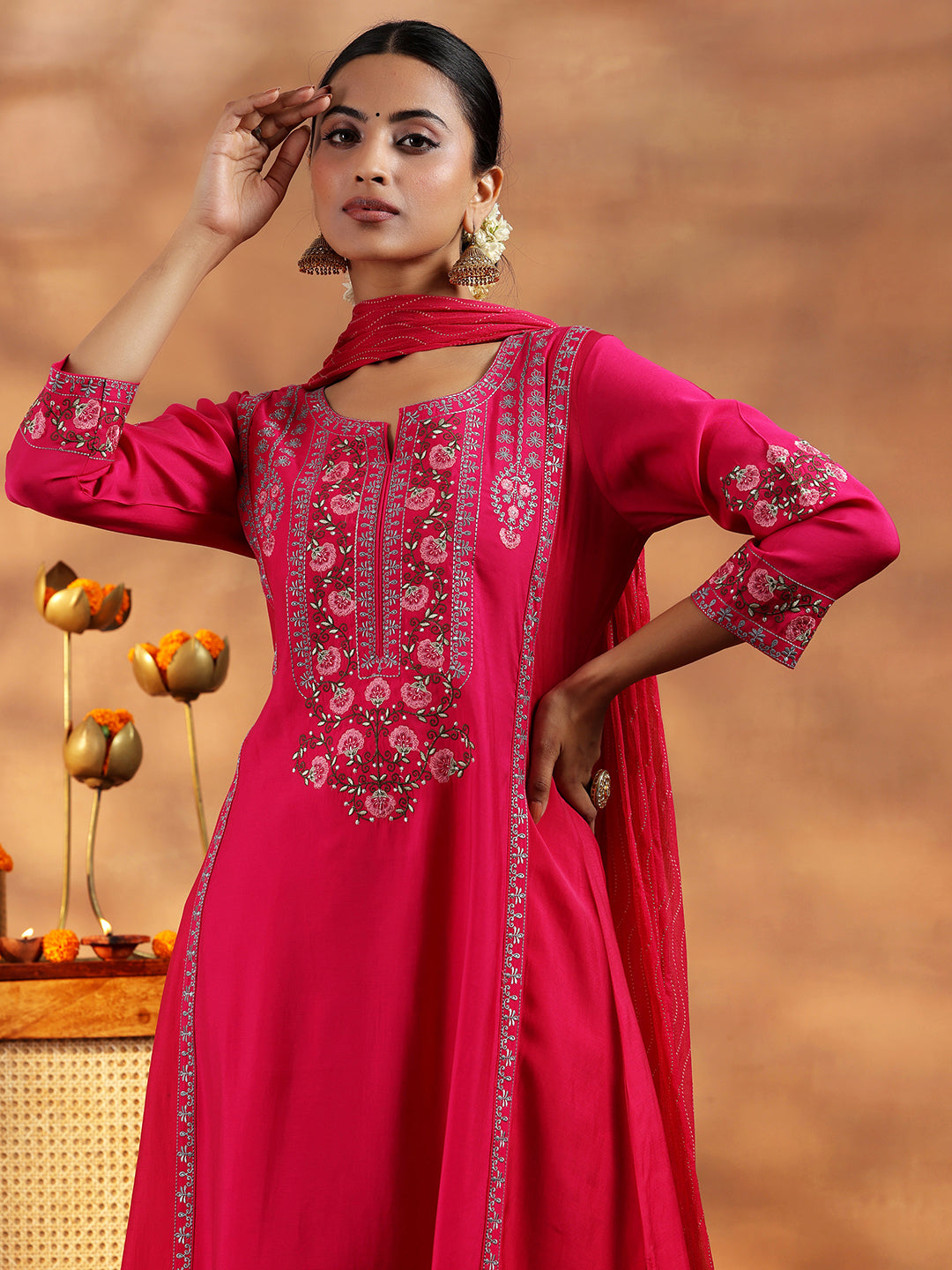 Pink Embroidered Silk Blend A-Line Kurta With Salwar & Dupatta