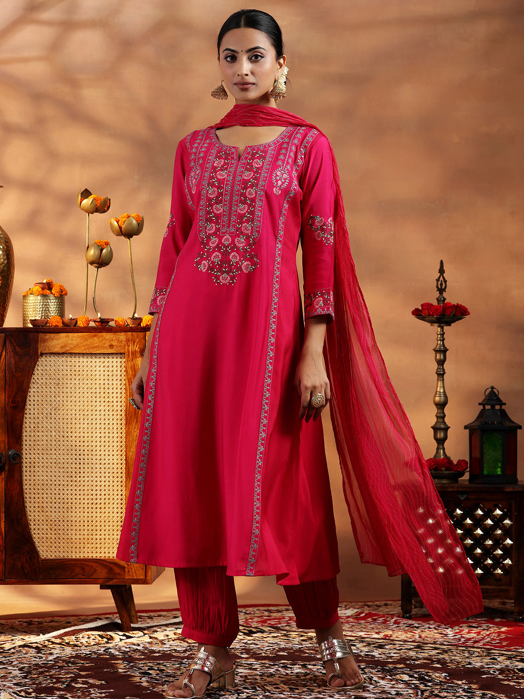 Pink Embroidered Silk Blend A-Line Kurta With Salwar & Dupatta