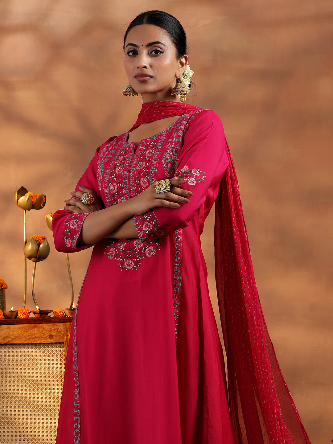 Pink Embroidered Silk Blend A-Line Kurta With Salwar & Dupatta