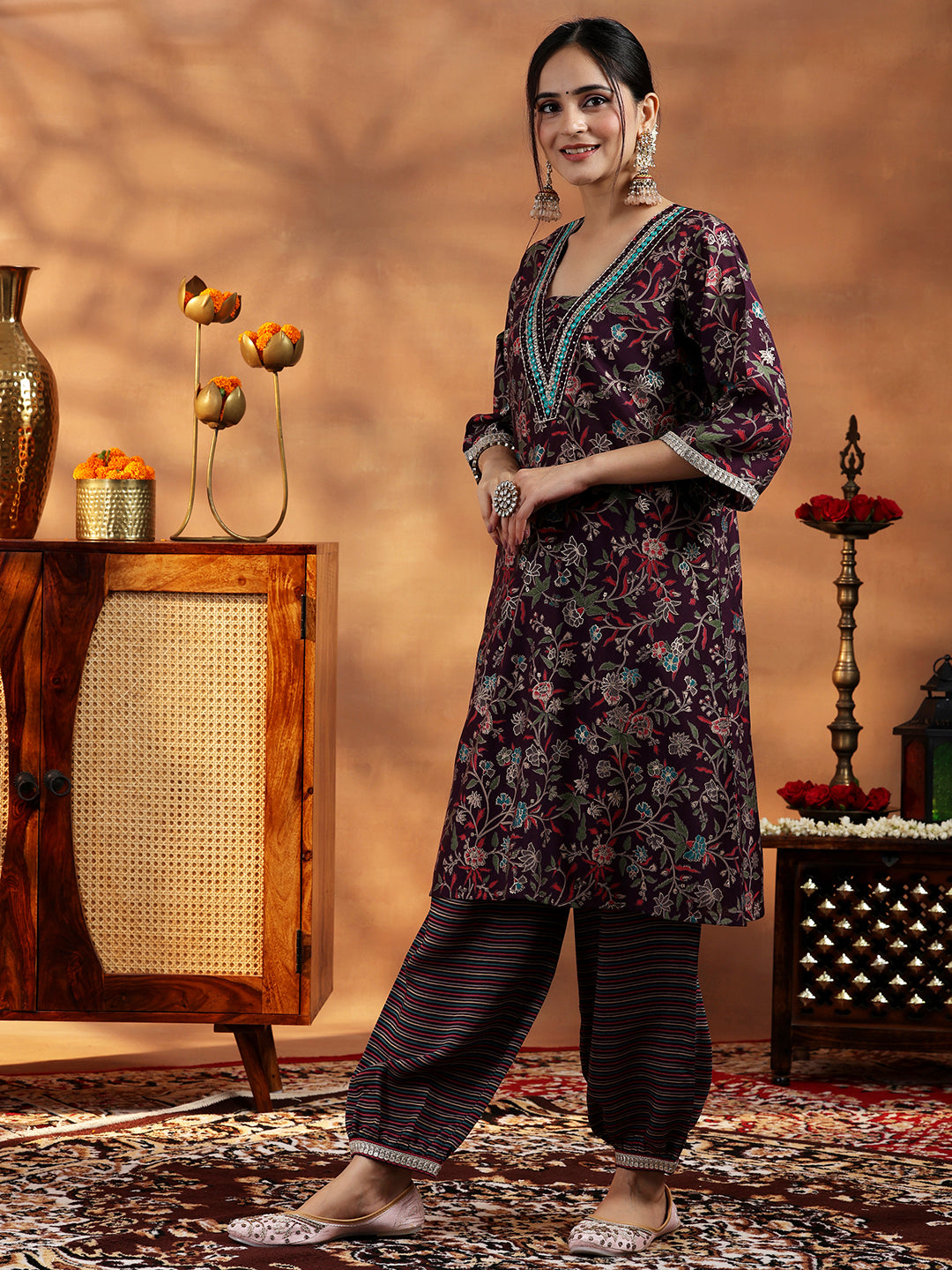 Wine Printed Silk Blend A-Line Kurta With Salwar & Dupatta