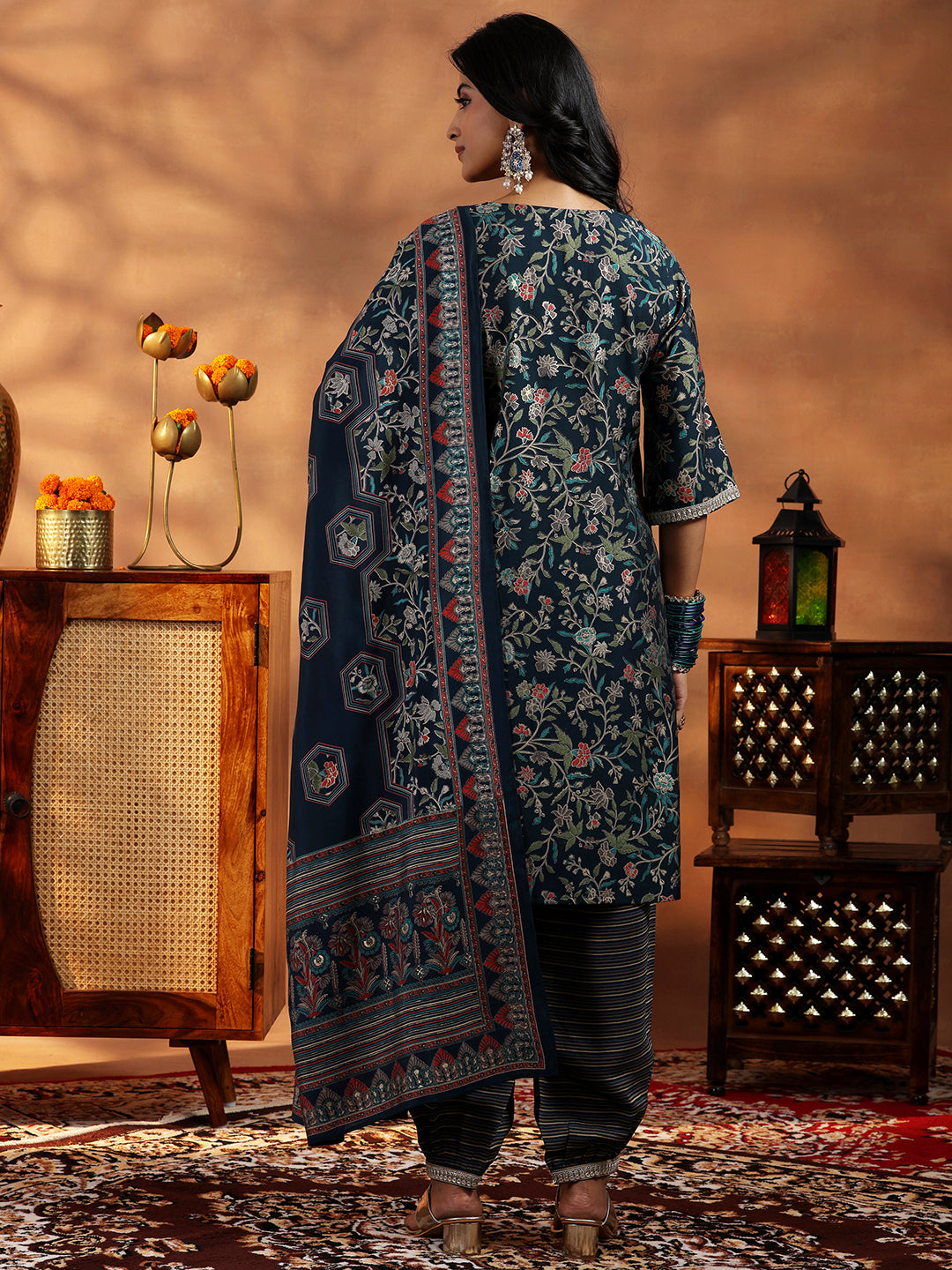 Blue Printed Silk Blend A-Line Kurta With Salwar & Dupatta