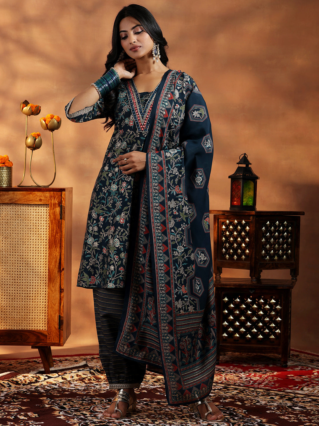 Blue Printed Silk Blend A-Line Kurta With Salwar & Dupatta