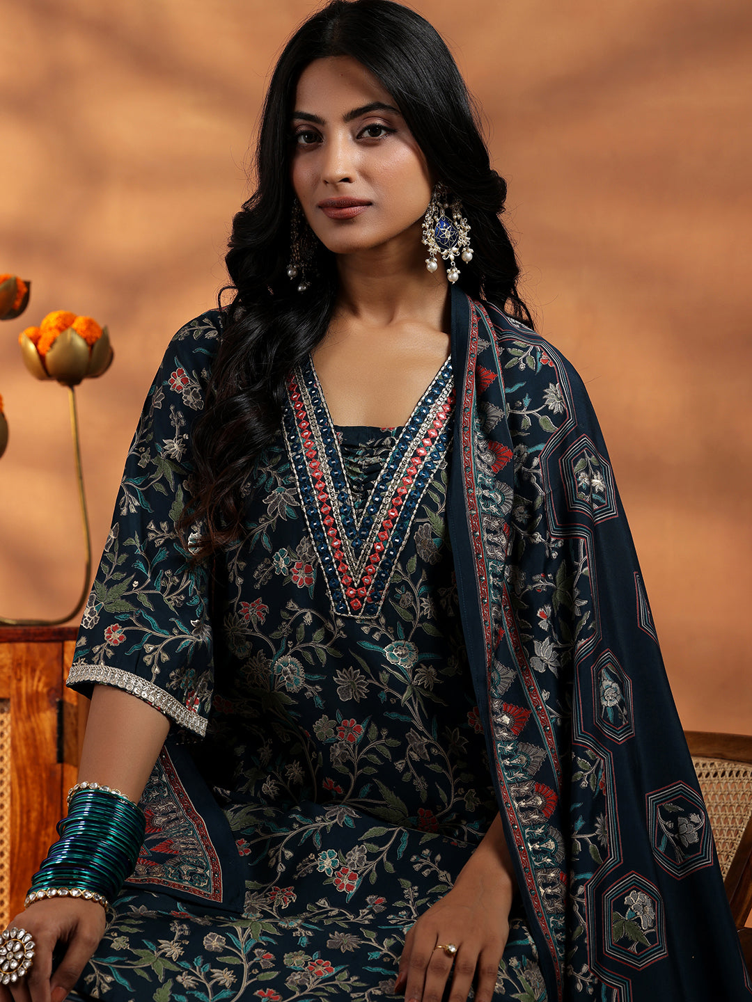 Blue Printed Silk Blend A-Line Kurta With Salwar & Dupatta