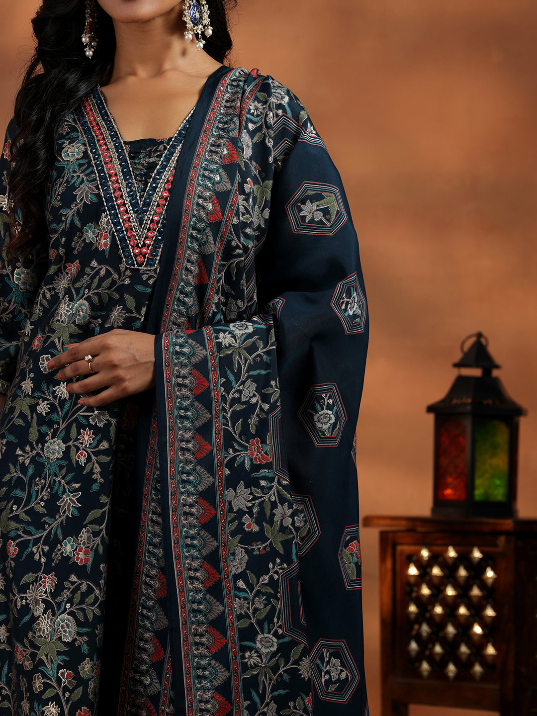 Blue Printed Silk Blend A-Line Kurta With Salwar & Dupatta