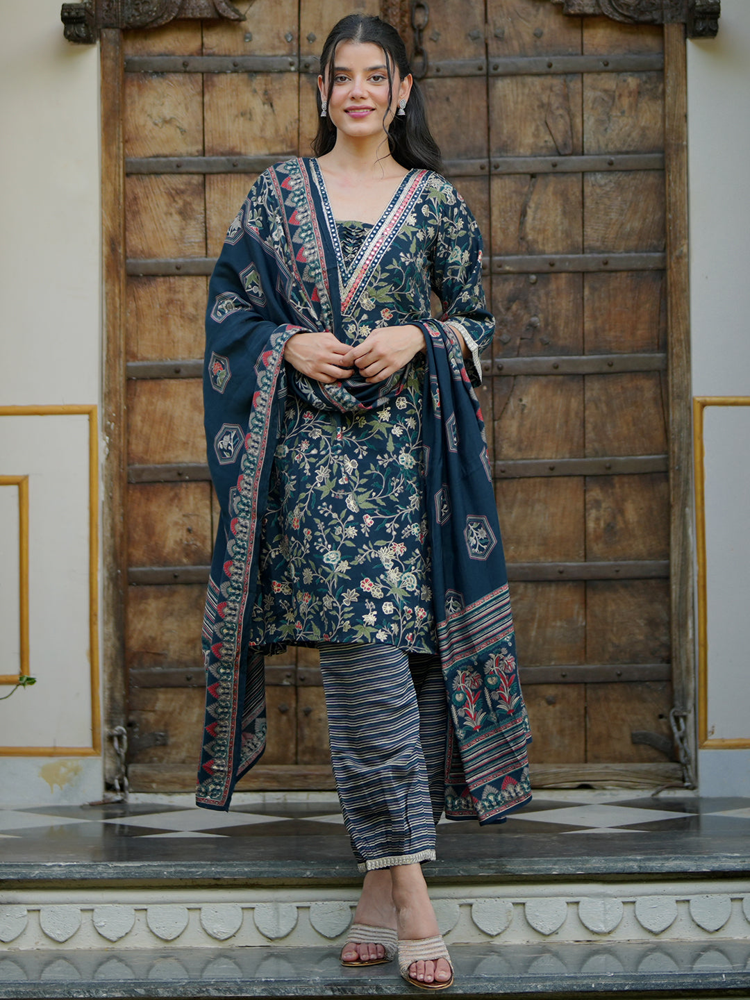 Blue Printed Silk Blend A-Line Kurta With Salwar & Dupatta