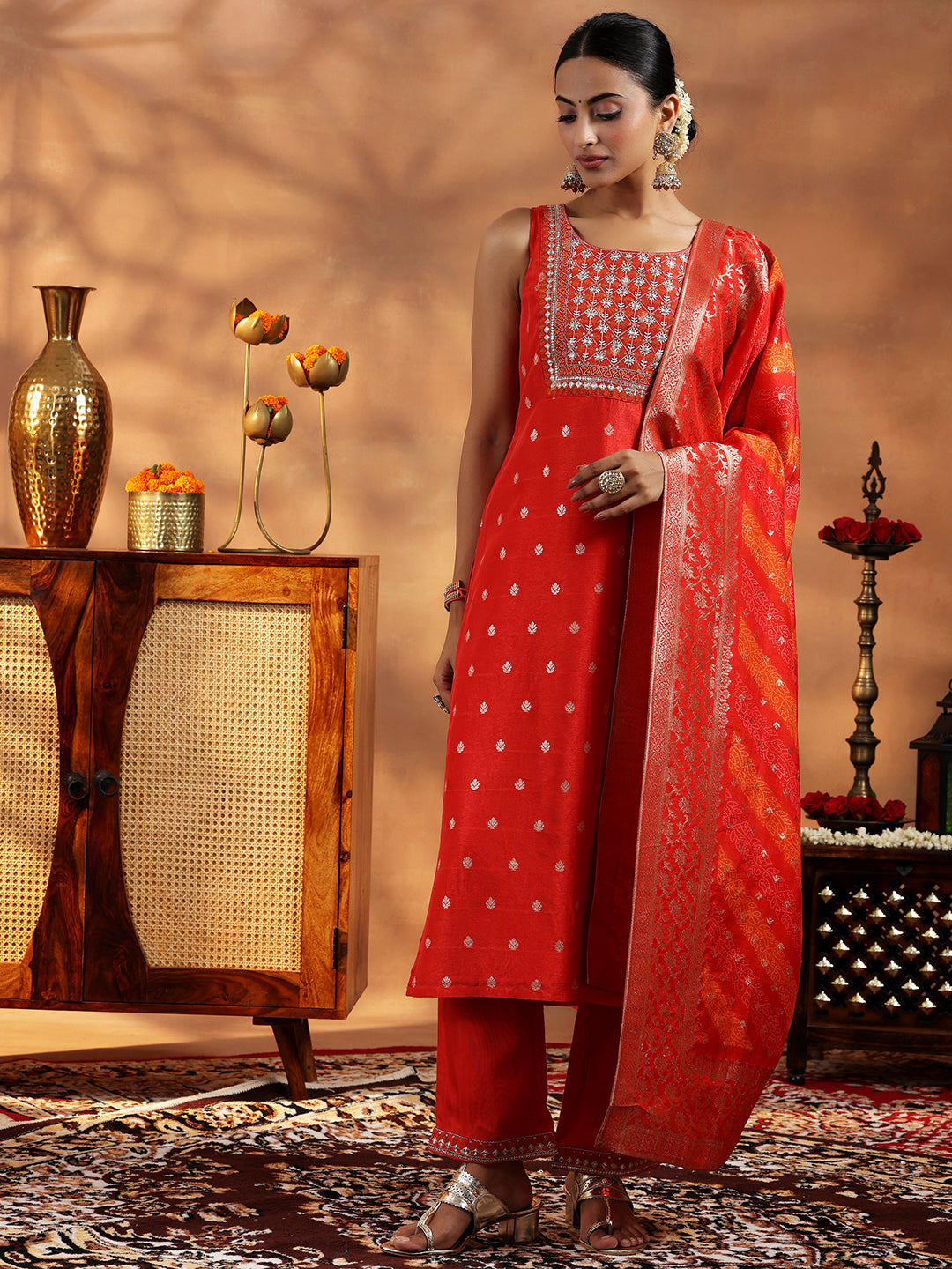 Orange Woven Design Silk Blend Straight Suit With Dupatta