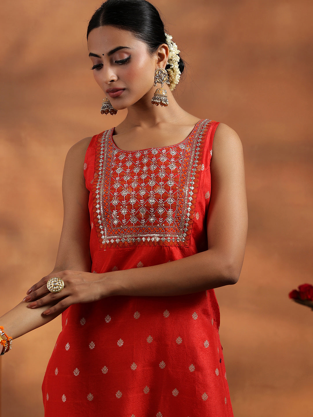 Orange Woven Design Silk Blend Straight Suit With Dupatta