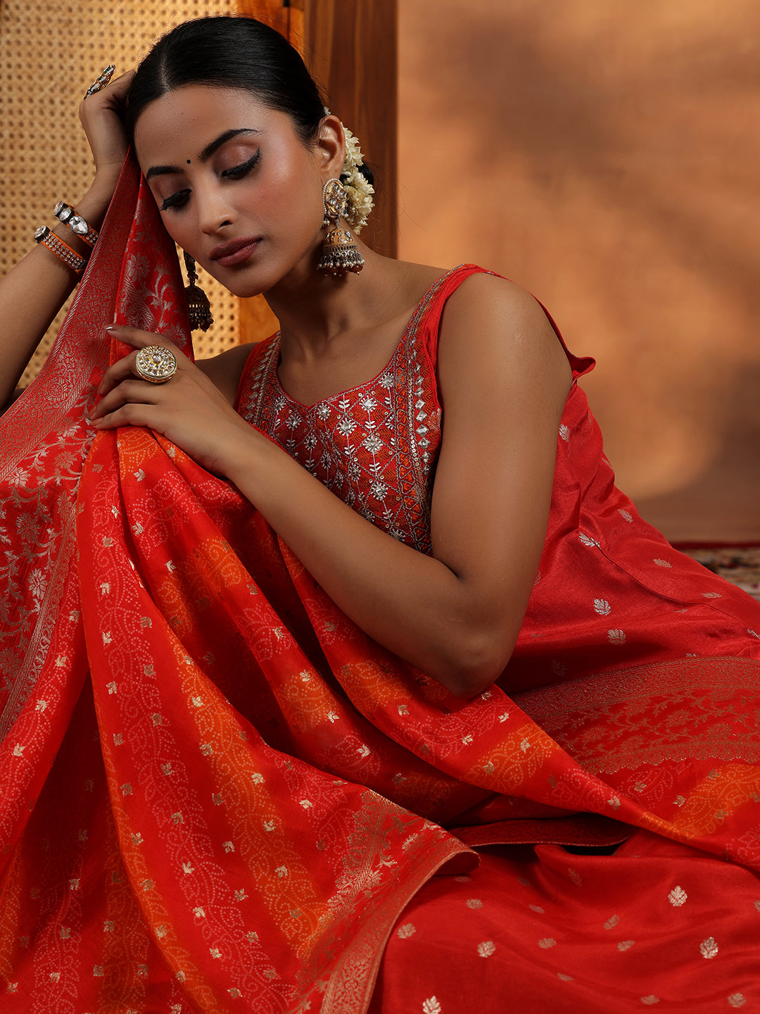 Orange Woven Design Silk Blend Straight Suit With Dupatta