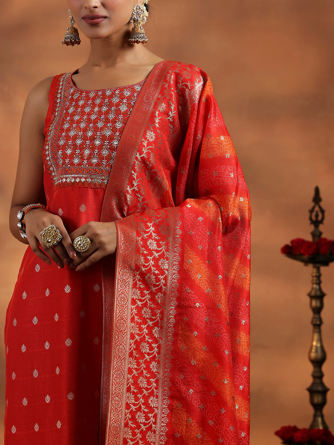 Orange Woven Design Silk Blend Straight Suit With Dupatta